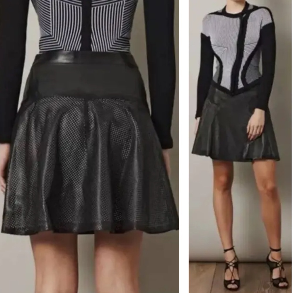 OHNE TITEL 100% Lambs Leather Butter Soft Black Mesh Cutout Mini Skirt Size 42